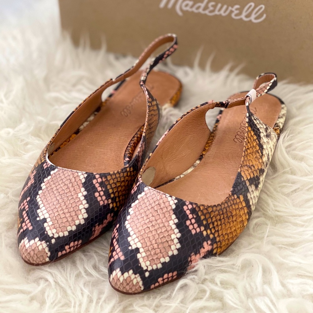 Madewell leather snake-skin slingback flat shoes